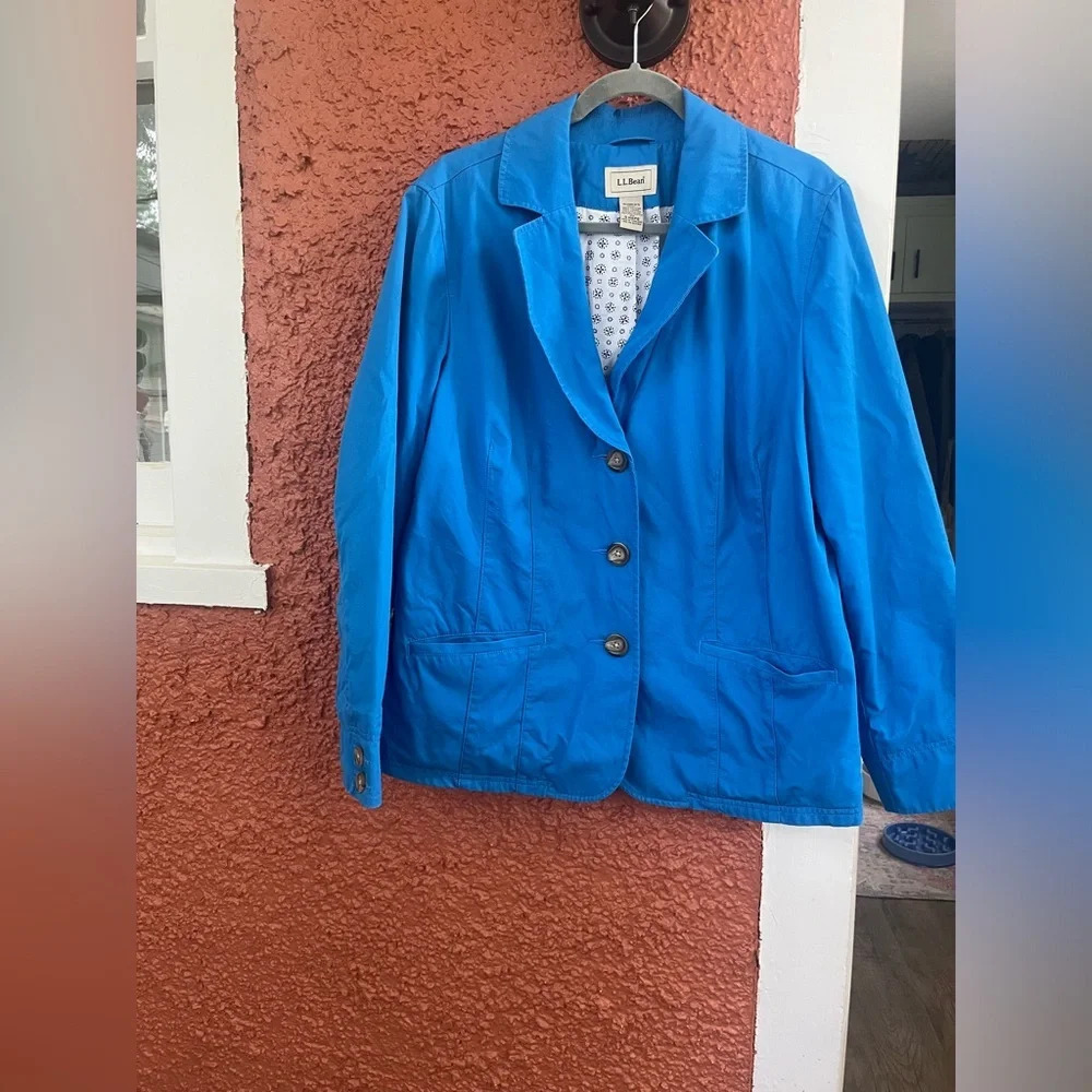 L.L. Bean Jacket Size 18W Blue Button Front Collared V-Neck Cotton Chino Blazer